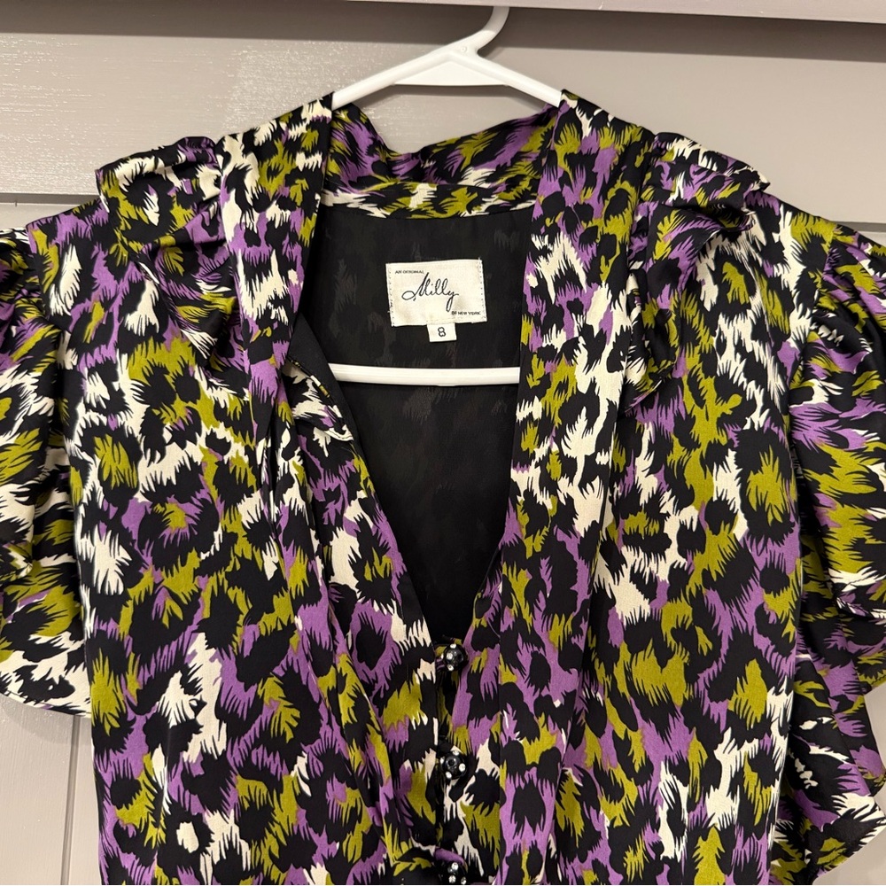 Milly of New York Silk Abstract Animal Print Ruffle Flutter Sleeve Dress 8 - Picture 5 of 16